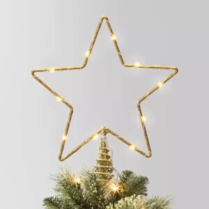 Lit Dewdrop Glitter Gold Metal Open Star Christmas Tree Topper 10" LED Lights Up